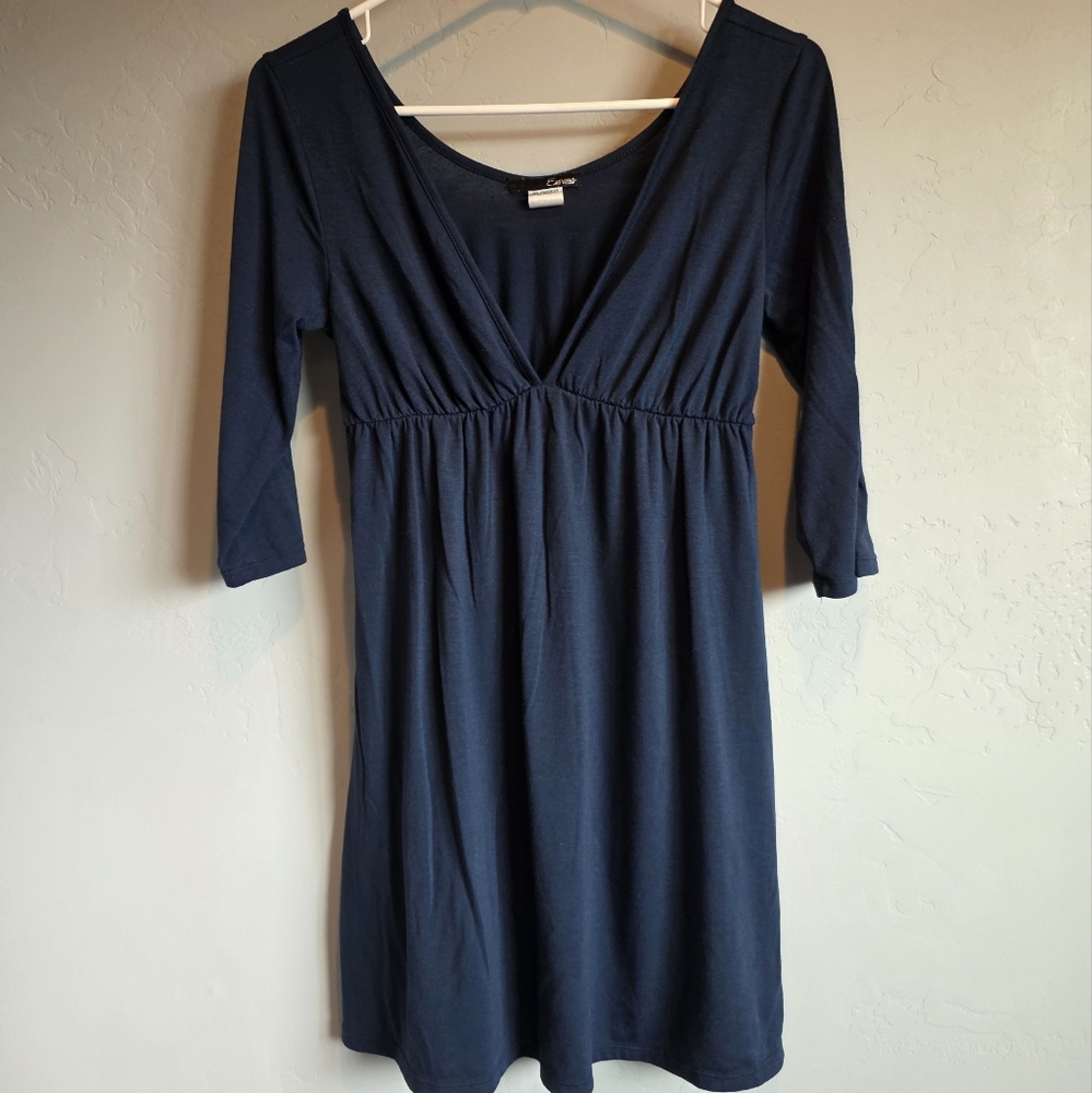 3/4 Sleeve Elastic Waist Lightweight Deep V-neck Navy Mini Dress Or Tunic, M
